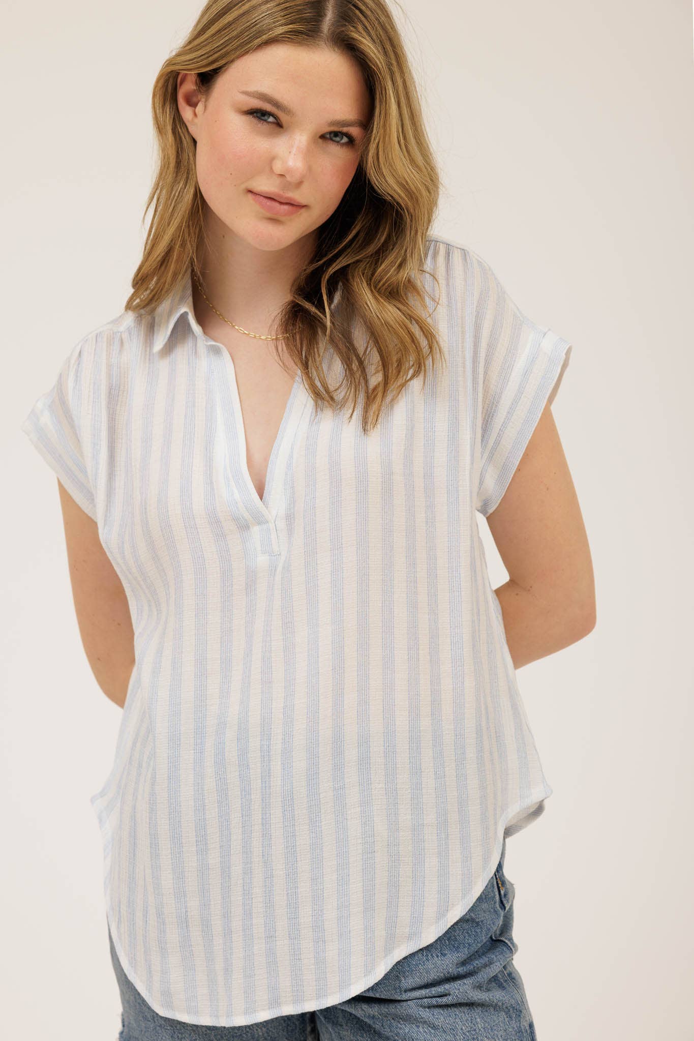 BP STRIPE COLLARED CUFF SLEEVE LIGHTWEIGHT SHIRT