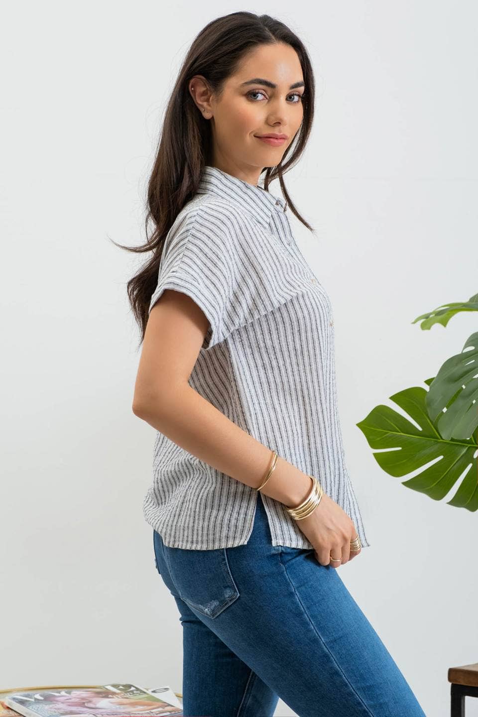 BP STRIPE COLLARED SHORT SLEEVE LINEN SHIRT