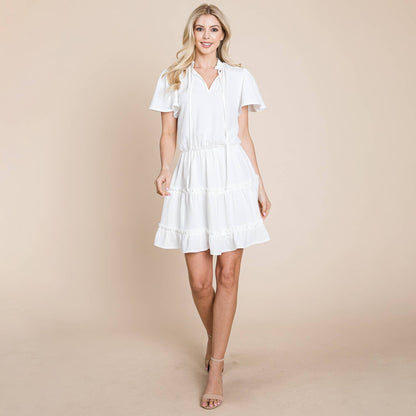 Tiered Flowy  Tie V neck Flutter Sleeve  Tunic Dress