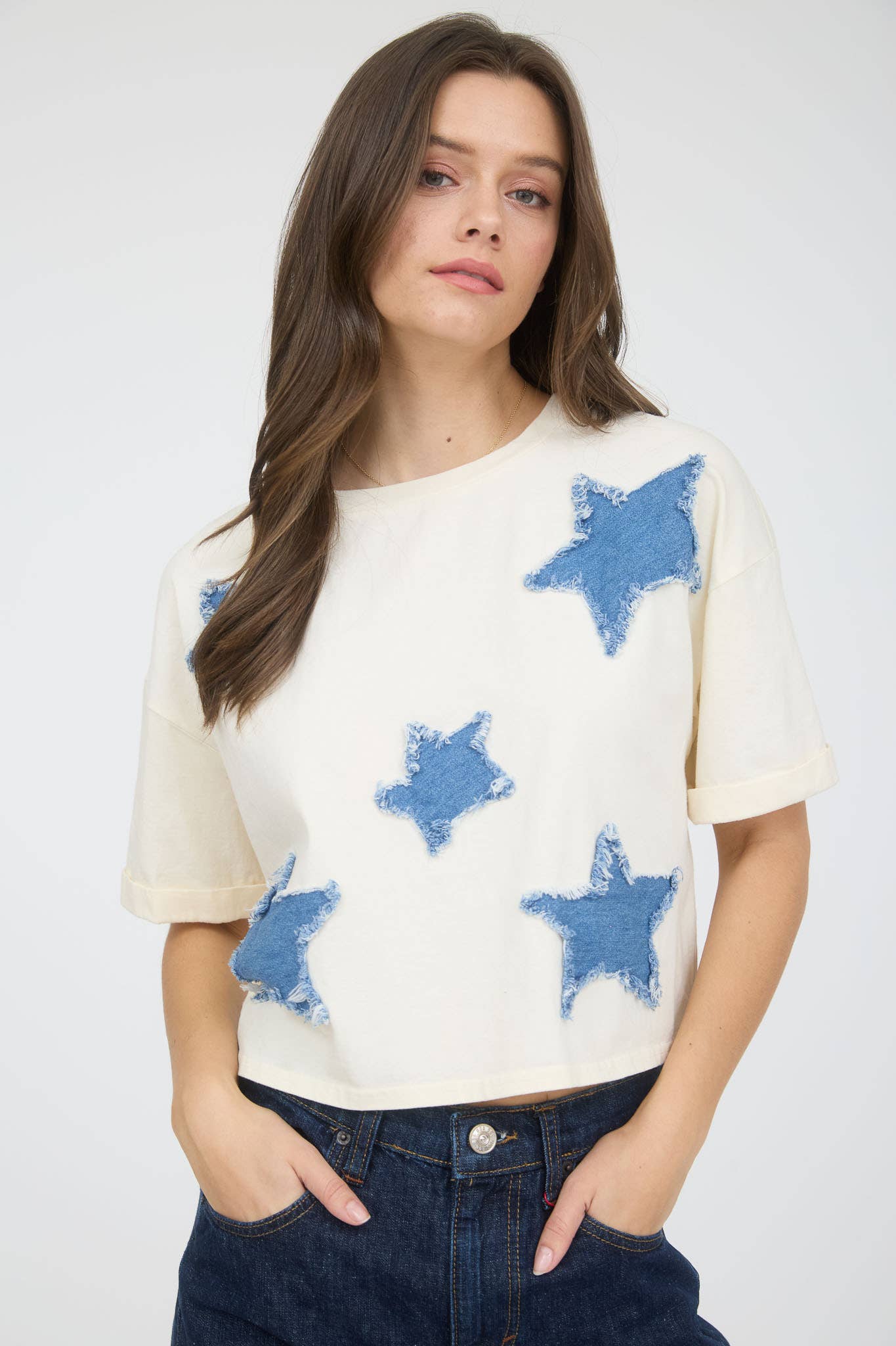 BP DENIM STAR PATCH SHORT SLEEVE KNIT T-SHIRT