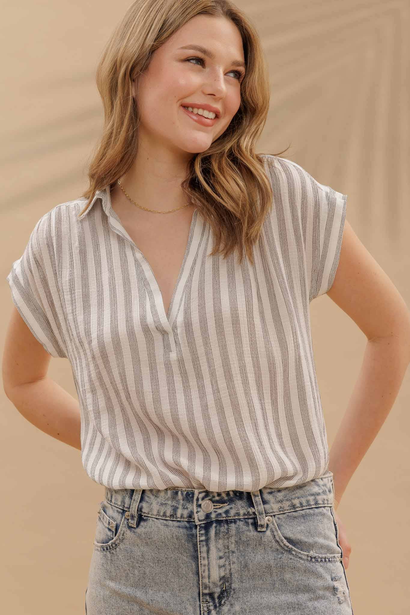 BP STRIPE COLLARED CUFF SLEEVE LIGHTWEIGHT SHIRT