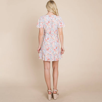 Asymmetrical Hem Floral Ruffled  Wrap Dress