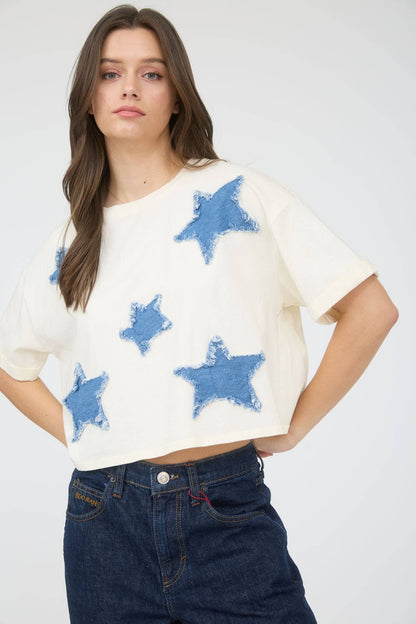 BP DENIM STAR PATCH SHORT SLEEVE KNIT T-SHIRT