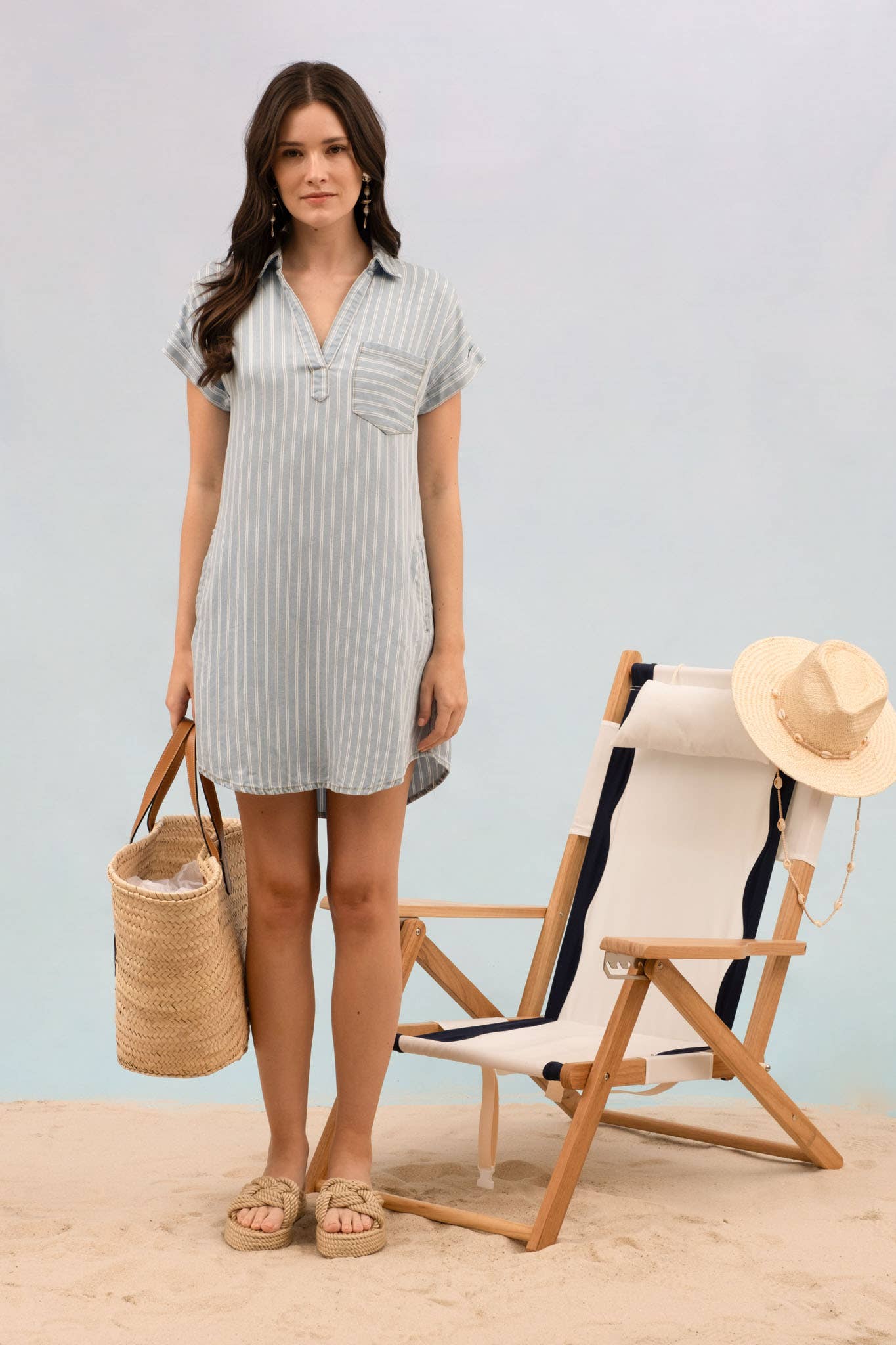 BP STRIPE CHAMBRAY COLLARED CUFF SLEEVE MINI DRESS