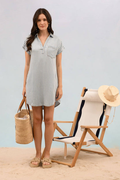 BP STRIPE CHAMBRAY COLLARED CUFF SLEEVE MINI DRESS