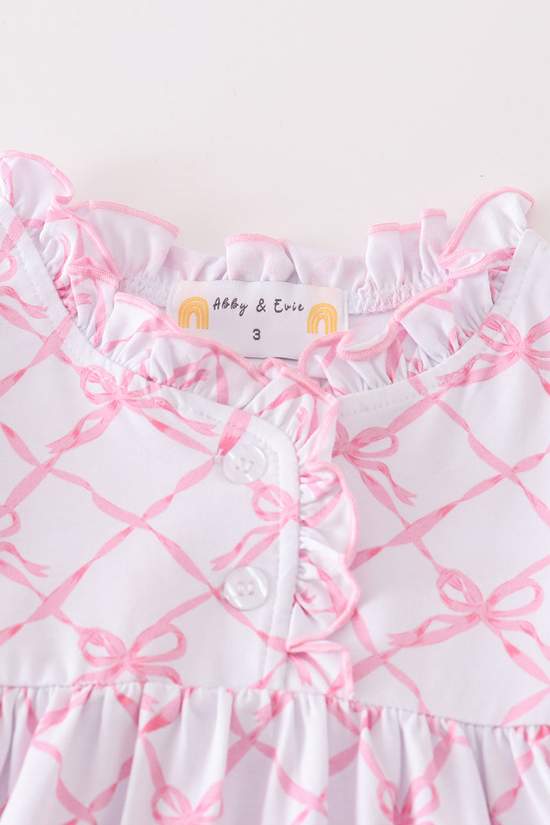 Premium Pink bow tie print ruffle pajamas dress