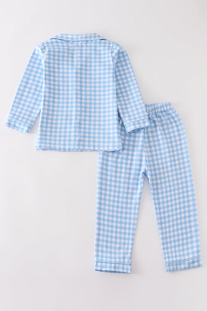 Premium Blue plaid boy button down pajamas set