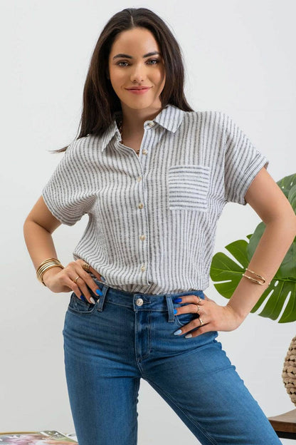 BP STRIPE COLLARED SHORT SLEEVE LINEN SHIRT
