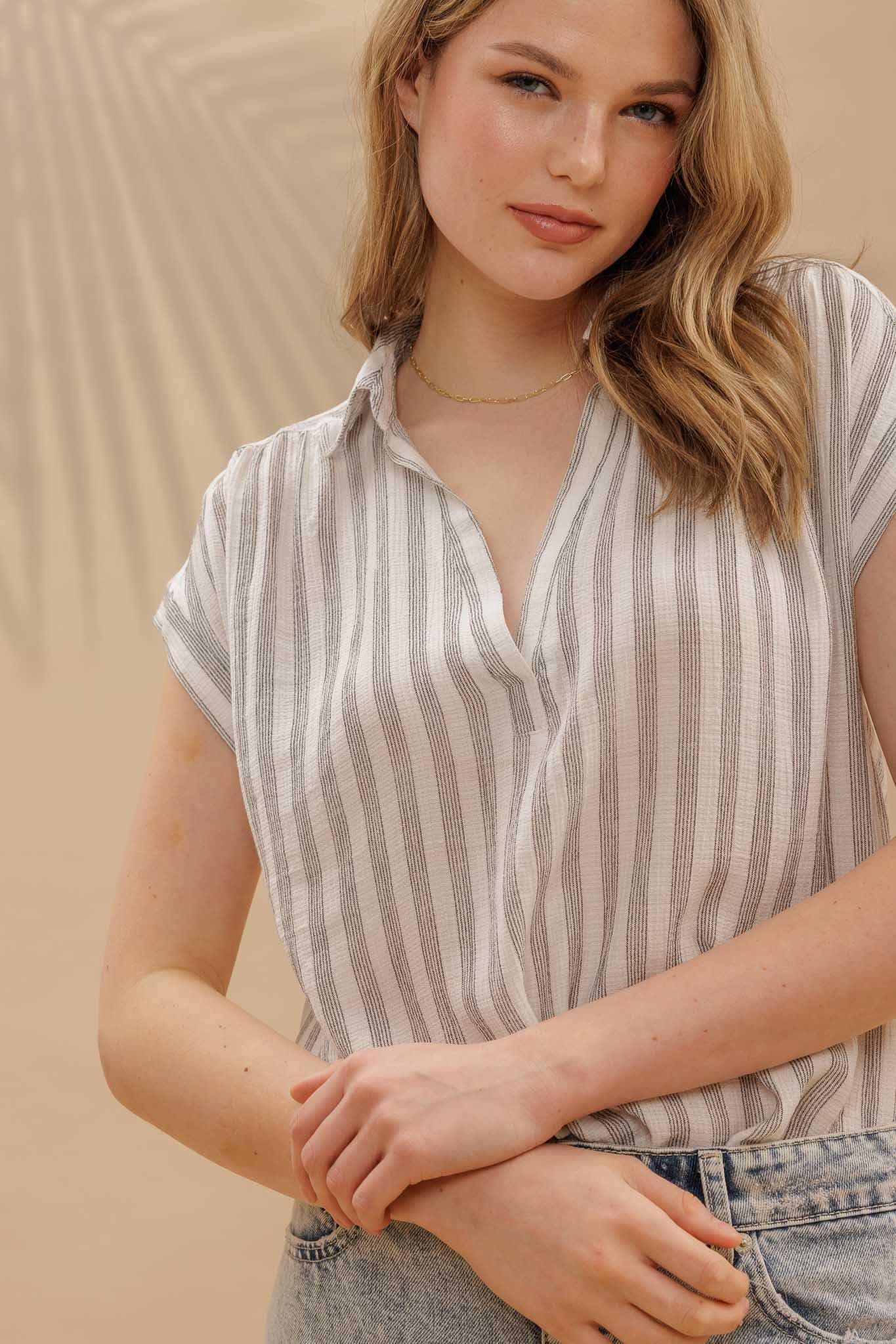 BP STRIPE COLLARED CUFF SLEEVE LIGHTWEIGHT SHIRT