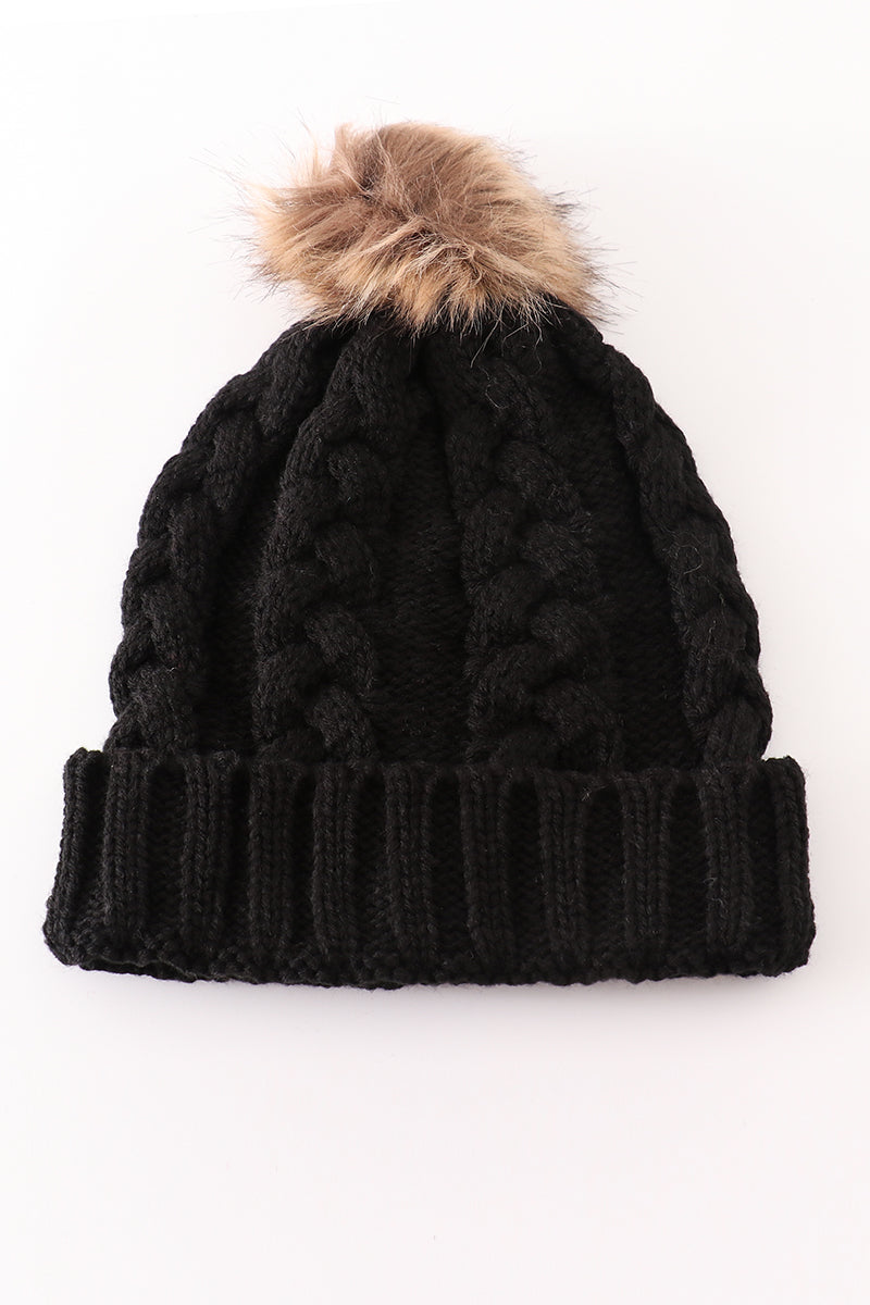 Black pompom cable beanie