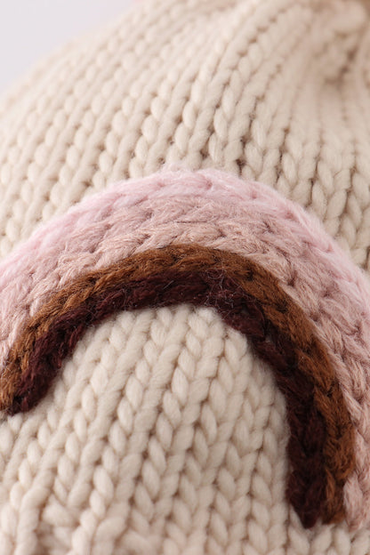 Rainbow hand embroidered pom pom beanie hat