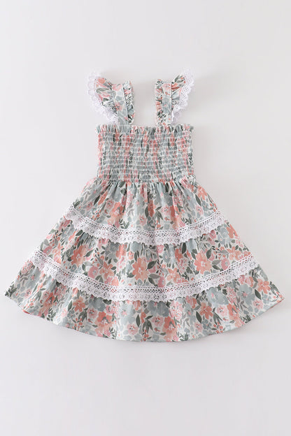 Floral print smocked girl dress