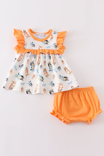 Orange character ruffle baby girl set