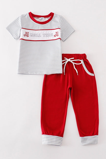 Maroon ROLL TIDE embriodery stripe boy set