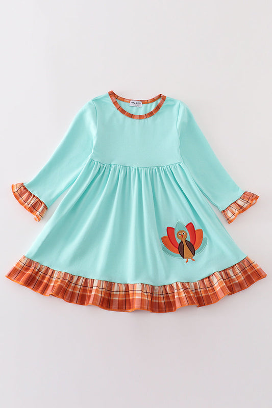 Green turkey applique girl dress