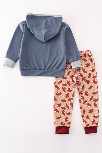 Blue turkey applique boy hoodie set