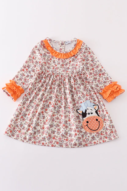 Coral floral cow applique dress