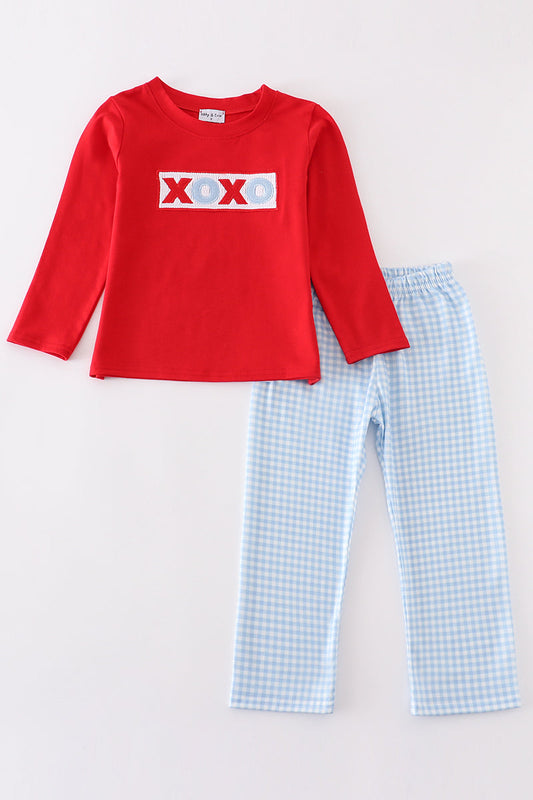 Red valentine XOXO smocked boy set