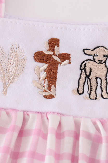 Pink easter cross sheep embroidery dress