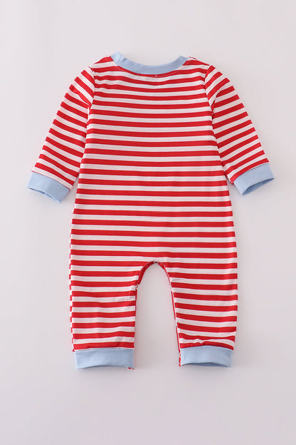 Red airplane embroidery stripe romper