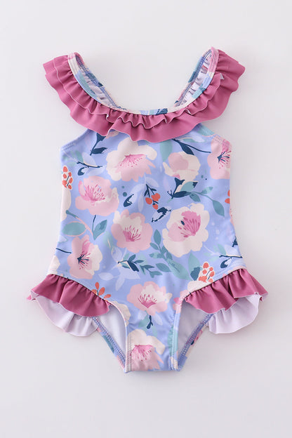 Floral pint ruffle girl swimsuit