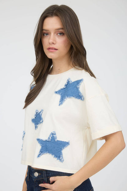 BP DENIM STAR PATCH SHORT SLEEVE KNIT T-SHIRT