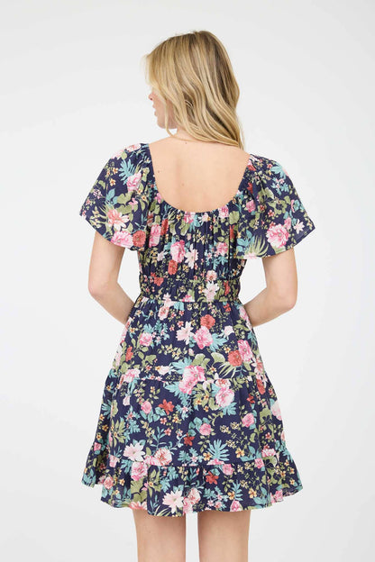 BP FLORAL FRONT TIE SCOOP NECK TIERED MINI DRESS