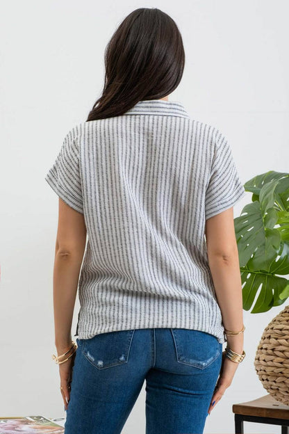 BP STRIPE COLLARED SHORT SLEEVE LINEN SHIRT