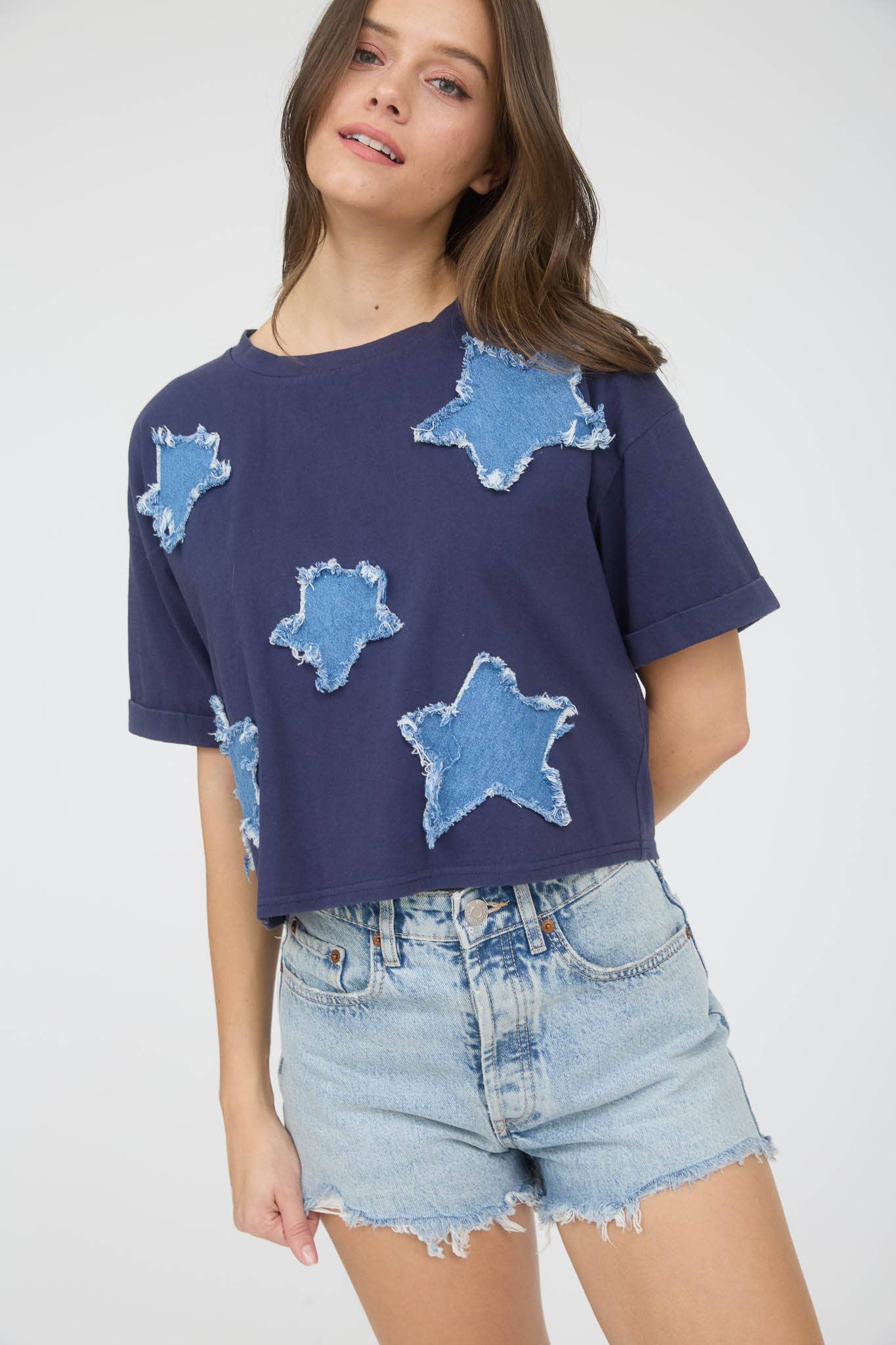 BP DENIM STAR PATCH SHORT SLEEVE KNIT T-SHIRT
