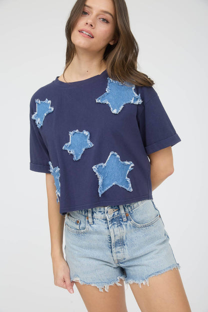 BP DENIM STAR PATCH SHORT SLEEVE KNIT T-SHIRT