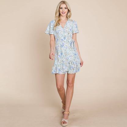Asymmetrical Hem Floral Ruffled  Wrap Dress