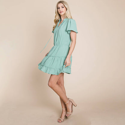 Tiered Flowy  Tie V neck Flutter Sleeve  Tunic Dress