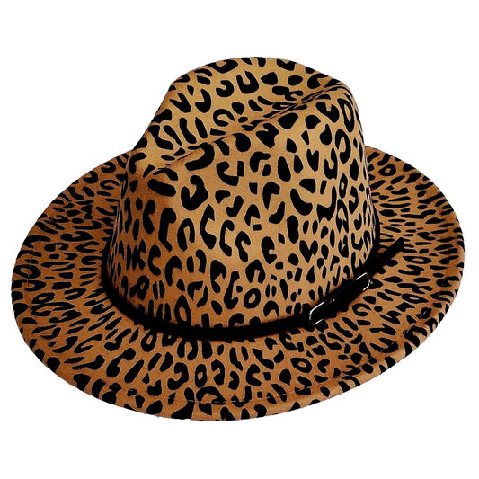 Leopard Black PU Leather band Medium Brim Fedora Hat