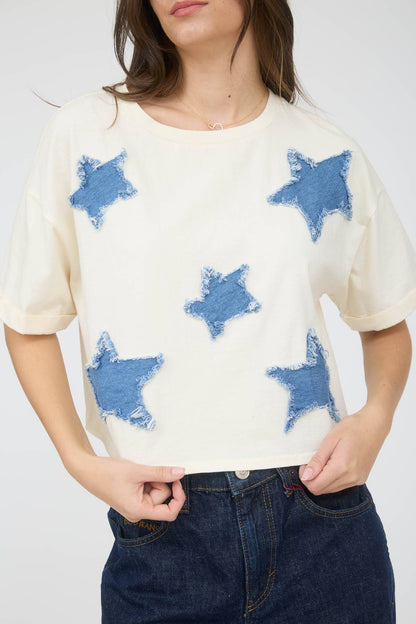 BP DENIM STAR PATCH SHORT SLEEVE KNIT T-SHIRT