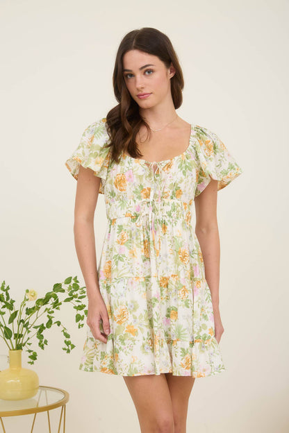 BP FLORAL FRONT TIE SCOOP NECK TIERED MINI DRESS