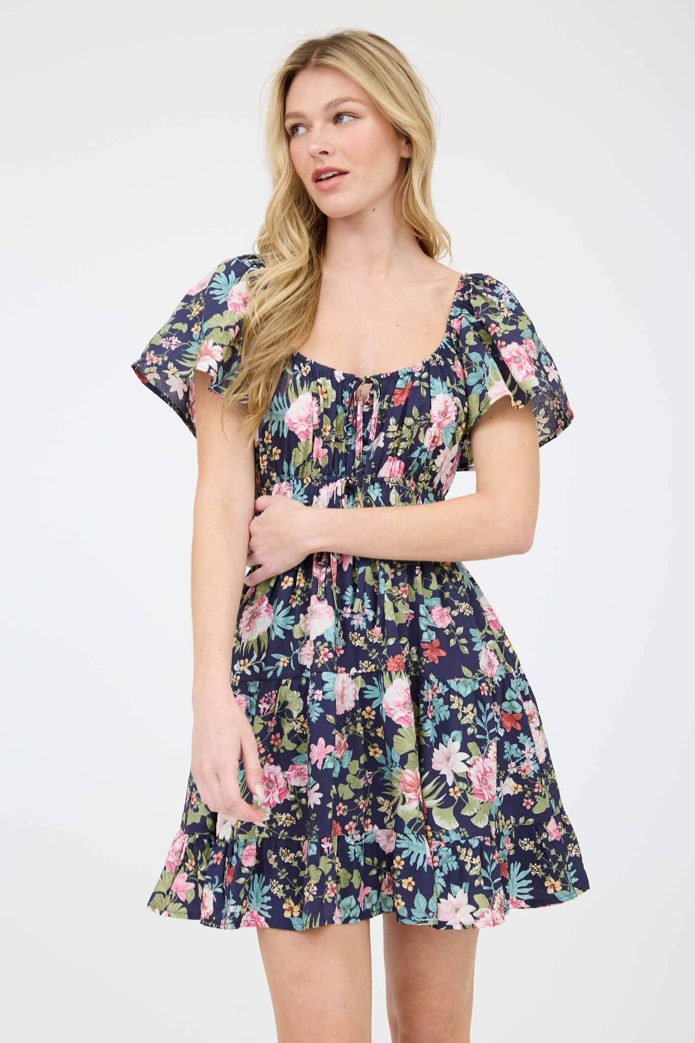 BP FLORAL FRONT TIE SCOOP NECK TIERED MINI DRESS
