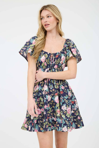 BP FLORAL FRONT TIE SCOOP NECK TIERED MINI DRESS