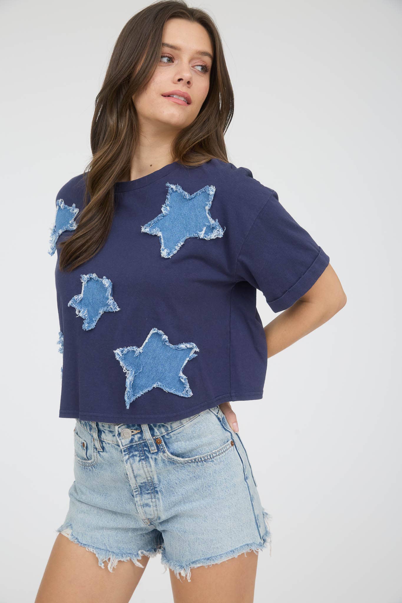 BP DENIM STAR PATCH SHORT SLEEVE KNIT T-SHIRT
