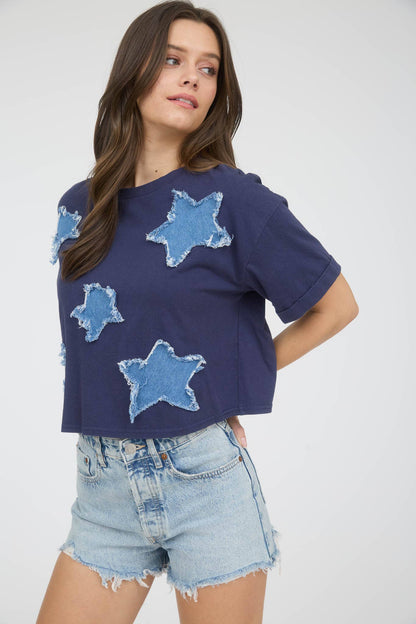 BP DENIM STAR PATCH SHORT SLEEVE KNIT T-SHIRT