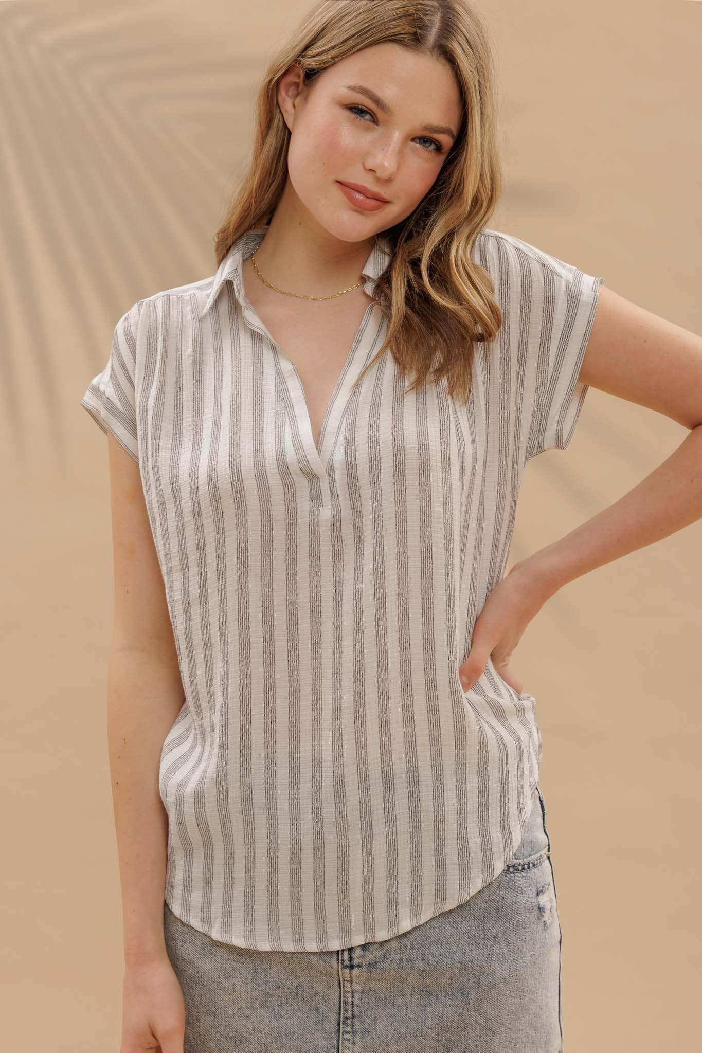 BP STRIPE COLLARED CUFF SLEEVE LIGHTWEIGHT SHIRT