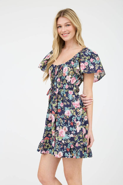 BP FLORAL FRONT TIE SCOOP NECK TIERED MINI DRESS